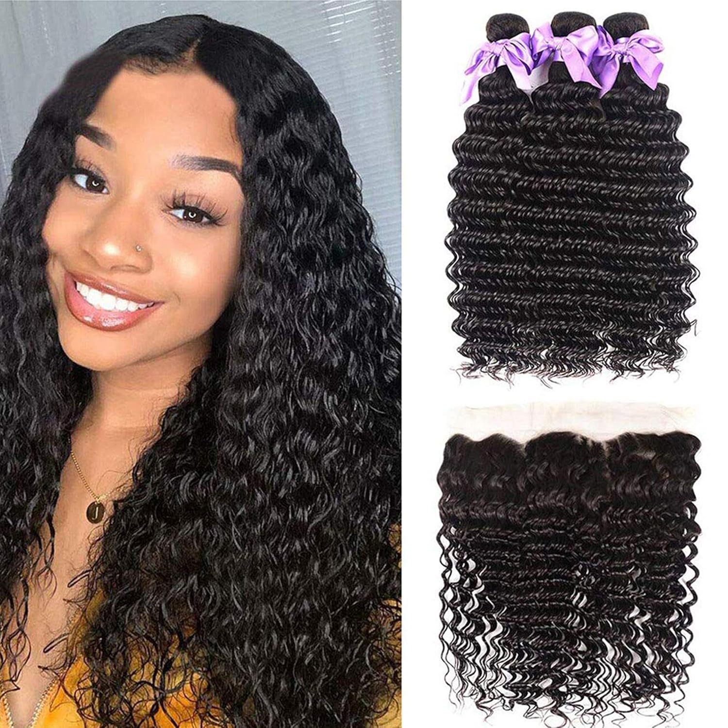 Deep Wave Human Hair Bundles w - Deep Wave 3 Bundles With Closure ulasan dan harga